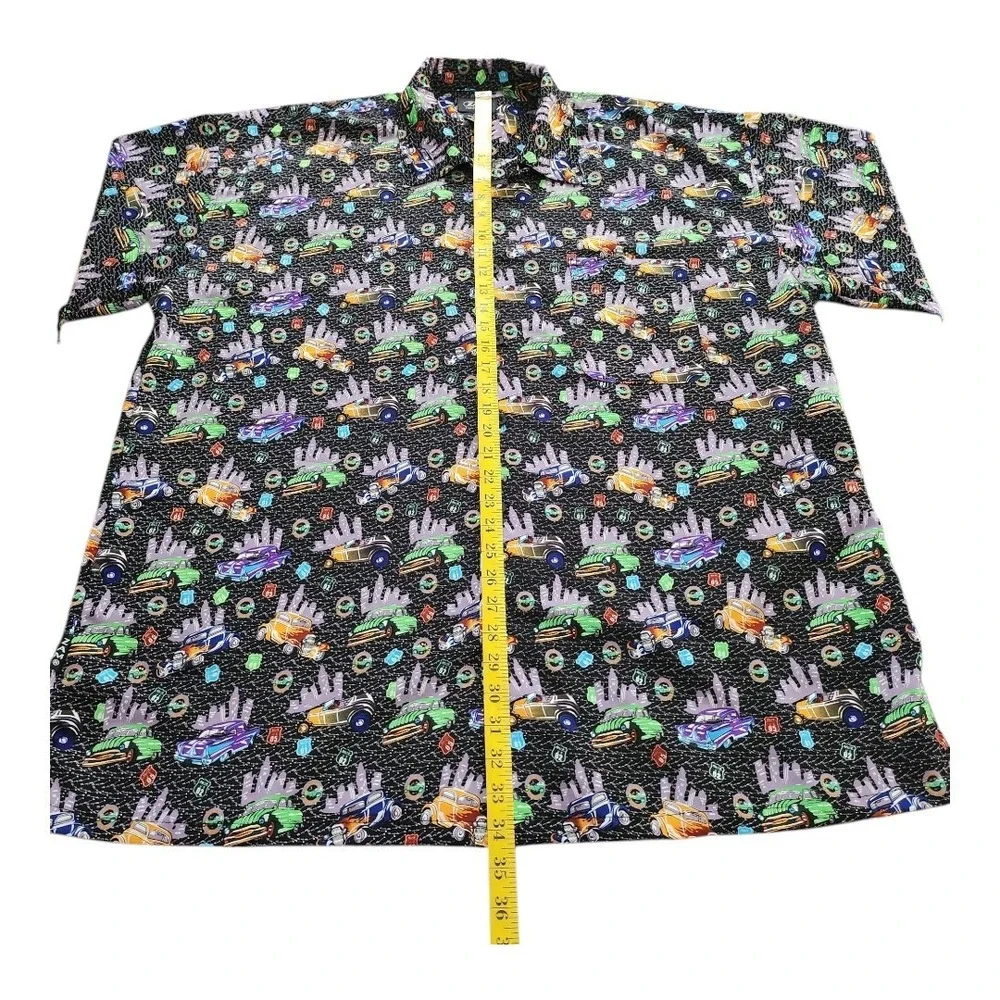 ZAM Short Sleeve Button‎ Up Vintage Black Shirt Size 2XL Cars City Colorful NWOT